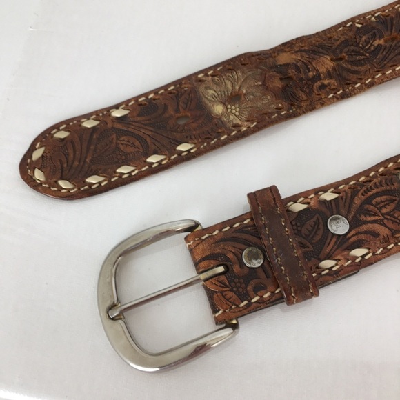 Vintage Made In The USA Brown Tooled Leather Belt Western Floral Distressed - Picture 4 of 10
